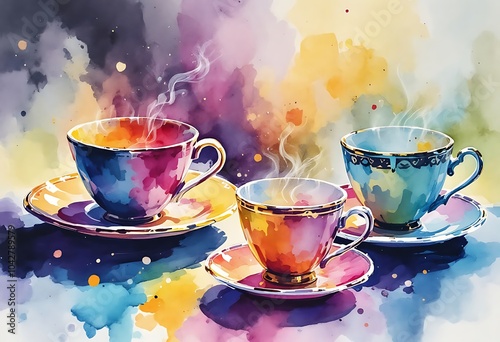 Tea Watercolor illustration. Hand drawn underwater element design. Artistic vector marine design element. Illustration for greeting cards, printing and other design projects.
 photo