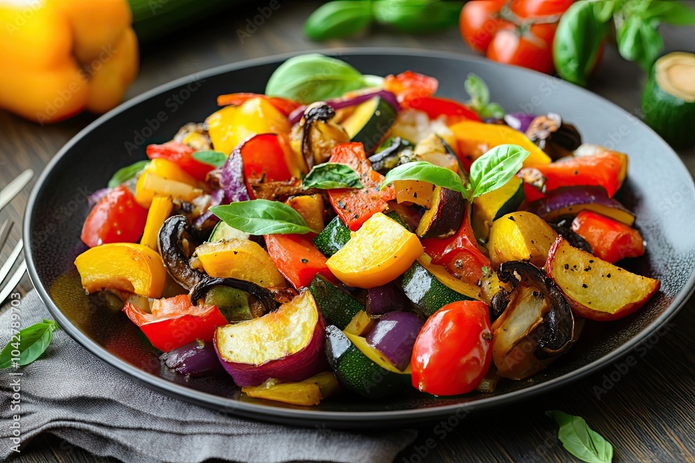 Close-up of Roasted Vegetables with Basil on a Black Plate Close-up of Roasted Vegetables with Basil on a Black Plate