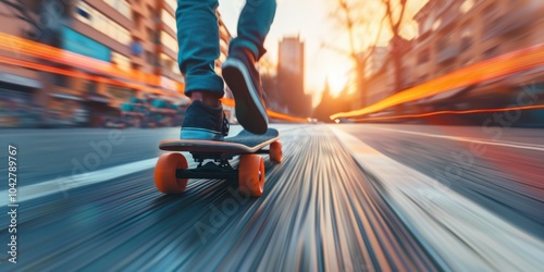 Skateboarding Through City Sunset