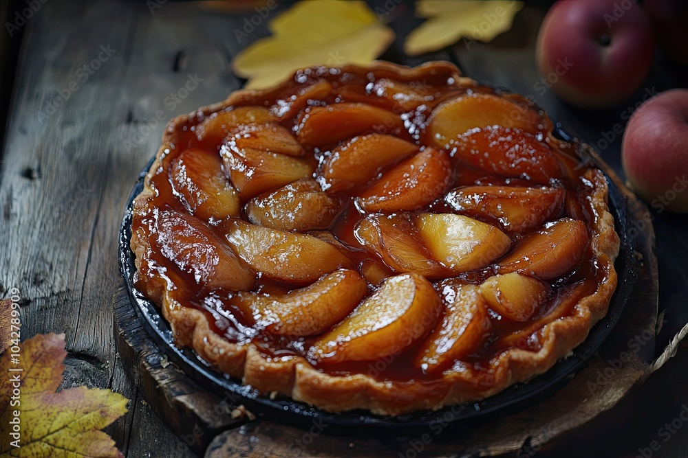 A Close-Up View of a Delicious Apple Tart with a Shiny Caramel Glaze A Close-Up View of a Delicious Apple Tart with a Shiny Caramel Glaze
