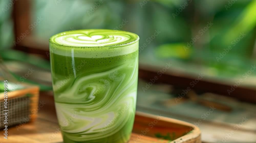Vibrant green matcha latte in clear glass features beautiful heart design, with inviting swirls that make this refreshing drink perfect for any cozy cafe setting.