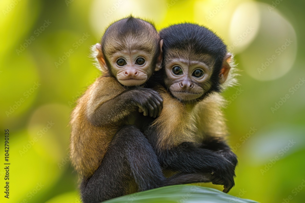 Two adorable monkeys cuddling on a green leaf in a vibrant natural setting. Two adorable monkeys cuddling on a green leaf in a vibrant natural setting.