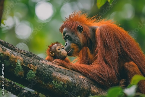 A tender moment between an orangutan and its baby on a tree branch in a lush environment.