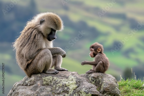 A baboon and a young baboon sit on a rock, showcasing a moment of connection in nature.