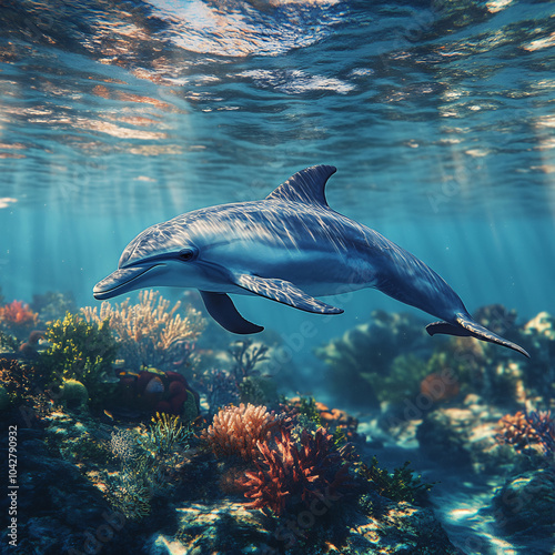 Wallpaper Mural Dolphin in the underwater world. Underwater dolphin. Dolphin underwater. Dolphin undersea, Dolphins Leaping" In the sparkling blue ocean, dolphins leap joyfully into the air
 Torontodigital.ca