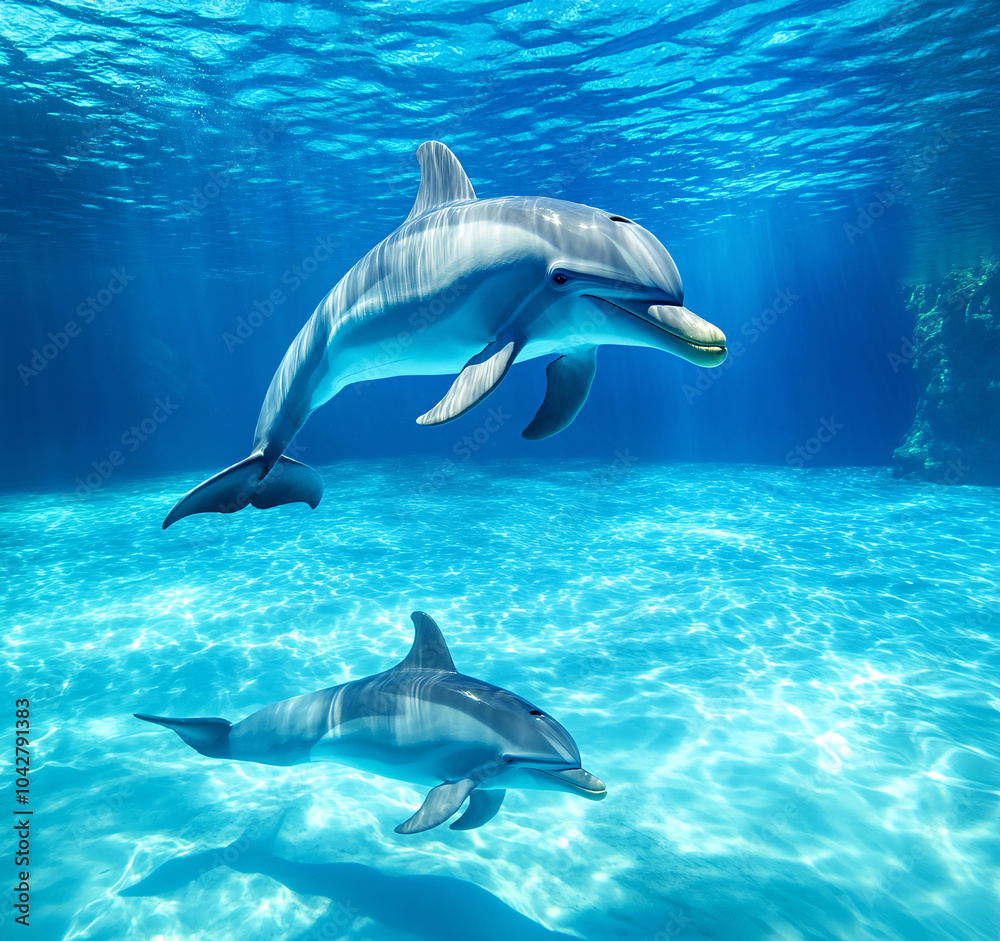 Naklejka premium Dolphin in the underwater world. Underwater dolphin. Dolphin underwater. Dolphin undersea, Dolphins Leaping