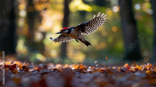 A woodpecker in flight over colorful autumn leaves in a forest setting. photo