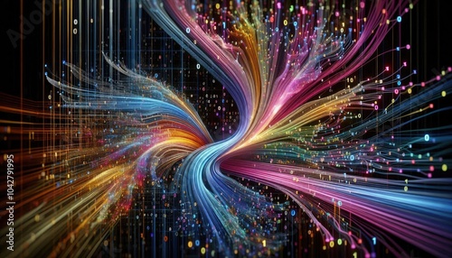 Data Flow Visualization: Converging Streams of Binary Code Representing Machine Learning, Neural Networks, and Data Processing, Transforming Raw Data into Analyzable Patterns