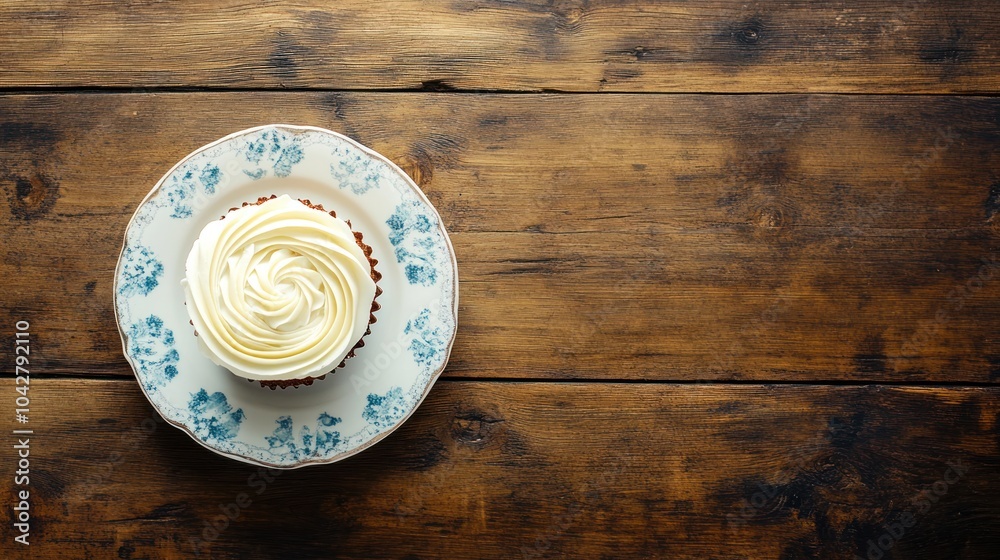 A beautifully frosted cupcake on a decorative plate atop a rustic wooden table. A beautifully frosted cupcake on a decorative plate atop a rustic wooden table.
