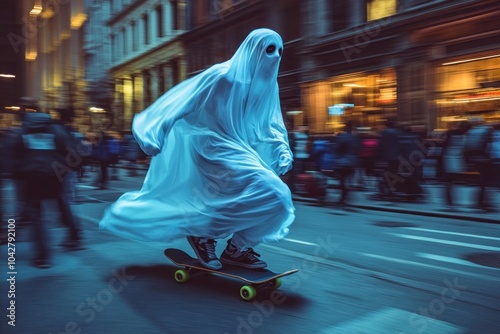 Mysterious ghost skateboards down vibrant city street photo