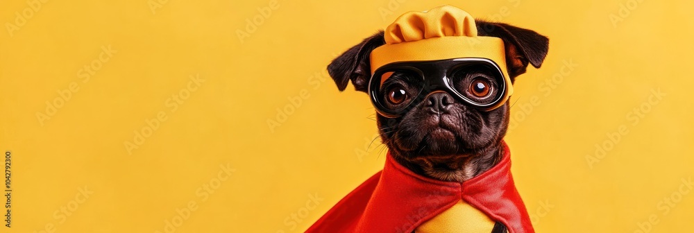 A pug dressed as a superhero with a cape and mask against a bright yellow background.