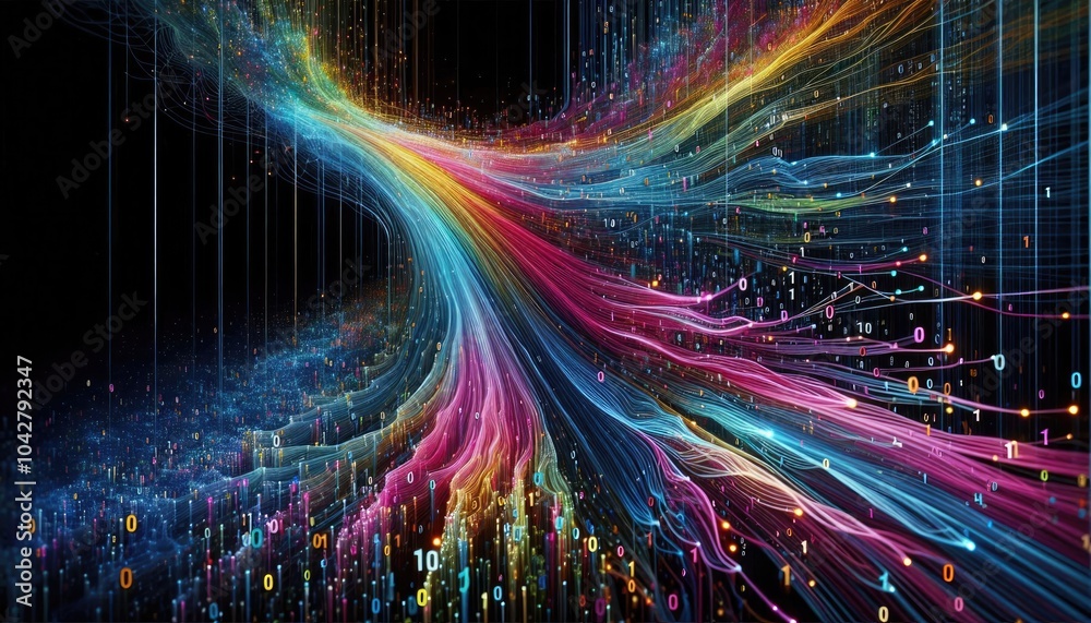 Data Flow Visualization: Converging Streams of Binary Code Representing Machine Learning, Neural Networks, and Data Processing, Transforming Raw Data into Analyzable Patterns