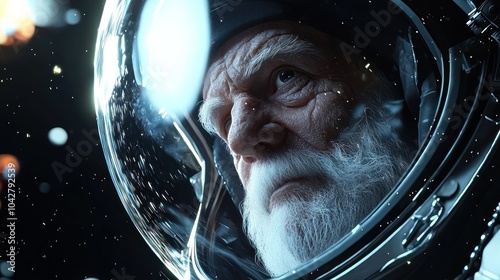 Bearded astronaut pondering in space environment photo