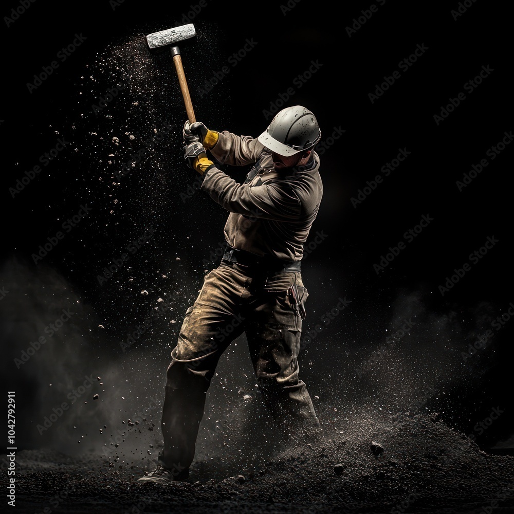 Mining worker using sledgehammer, dust flies upwards.