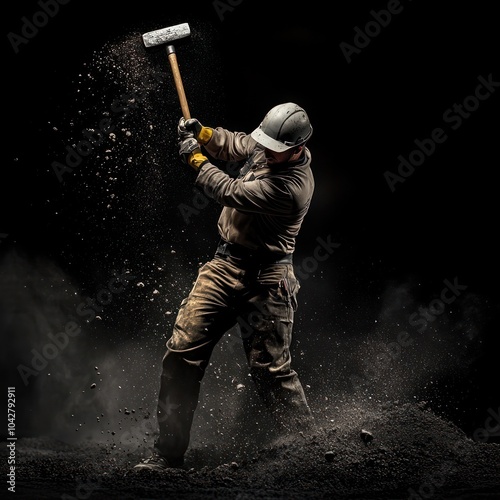 Obraz na płótnie Mining worker using sledgehammer, dust flies upwards. w salonie