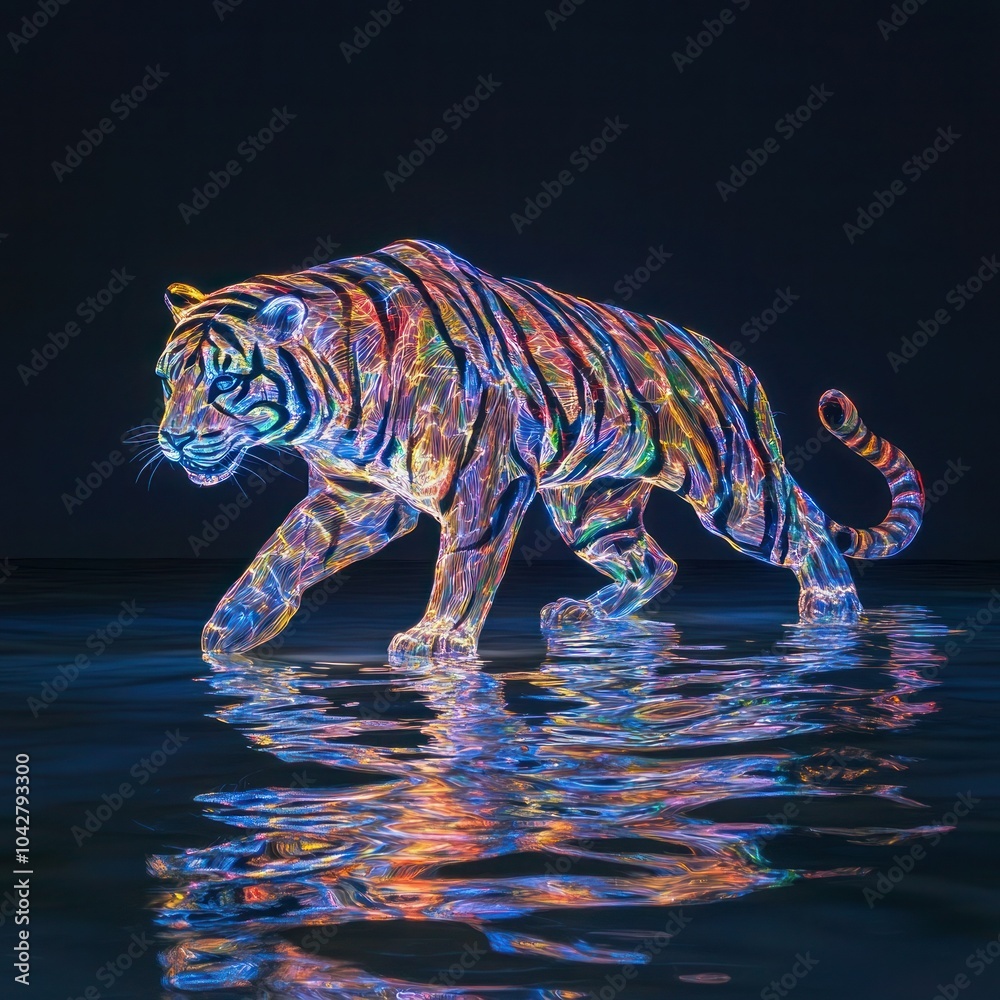 Fototapeta premium Neon Tiger Strands on Black with Watery Reflection