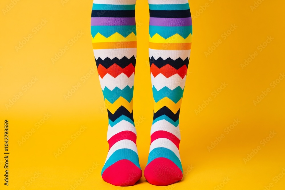 Quirky knee-high socks with bright patterns, close-up of legs, fun National Sock Day. Quirky knee-high socks with bright patterns, close-up of legs, fun National Sock Day.