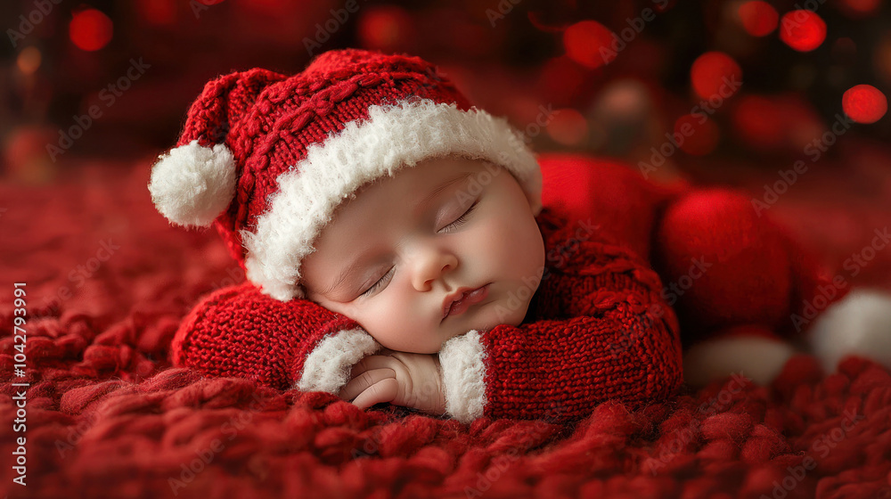 Delicate Baby Slumbering in Festive Red Knitwear Delicate Baby Slumbering in Festive Red Knitwear