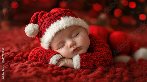 Delicate Baby Slumbering in Festive Red Knitwear