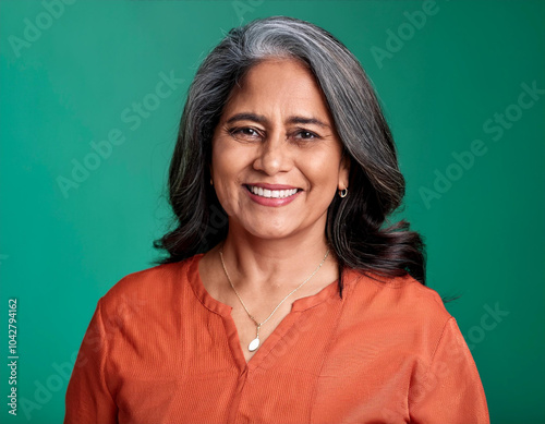 Studio Portrait of Beautiful Mature Woman Happily Smiling Against Green Background