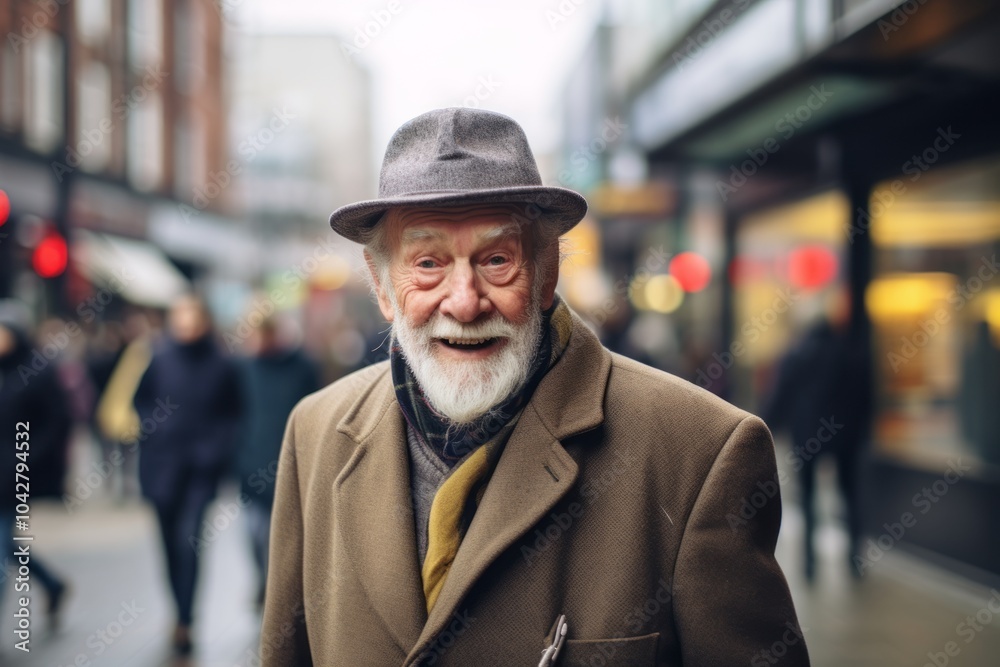 Portrait of an old man in a hat and coat walking in the city Portrait of an old man in a hat and coat walking in the city