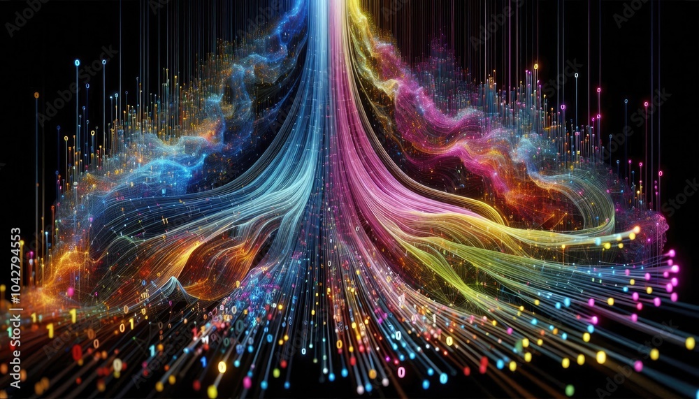 Data Flow Visualization: Converging Streams of Binary Code Representing ...
