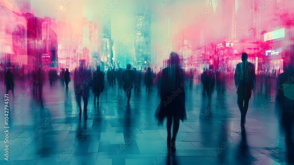 Surreal Dreamscape with Ethereal Figures in a Crowded Neon Drenched Urban Landscape Surreal Dreamscape with Ethereal Figures in a Crowded Neon Drenched Urban Landscape