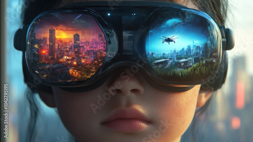 Child wearing goggles reflecting diverse urban realms.