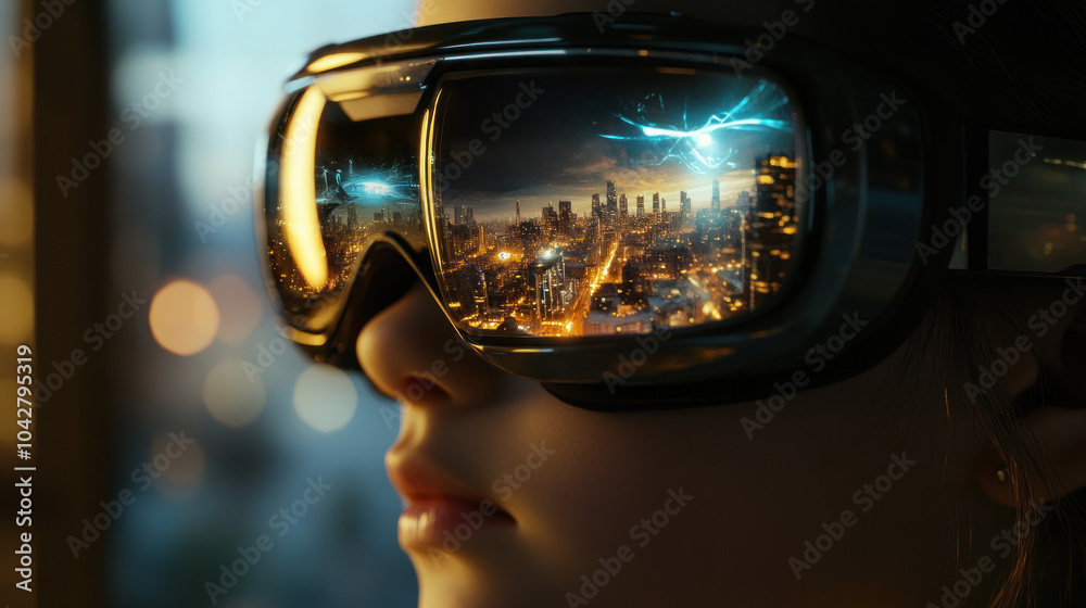 Advanced VR goggles mirror a dynamic urban landscape. Advanced VR goggles mirror a dynamic urban landscape.