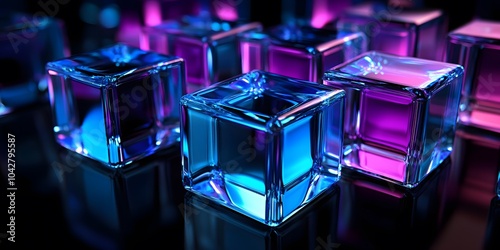 Glowing Crystal Cubes Floating in Purple and Blue Light