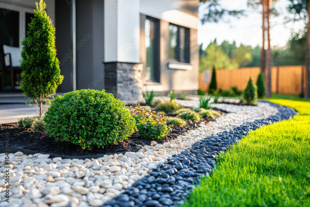 Well-maintained home garden with variety of plants and green grass lawn in front of suburban house. Modern landscaping design for outdoor spaces Well-maintained home garden with variety of plants and green grass lawn in front of suburban house. Modern landscaping design for outdoor spaces