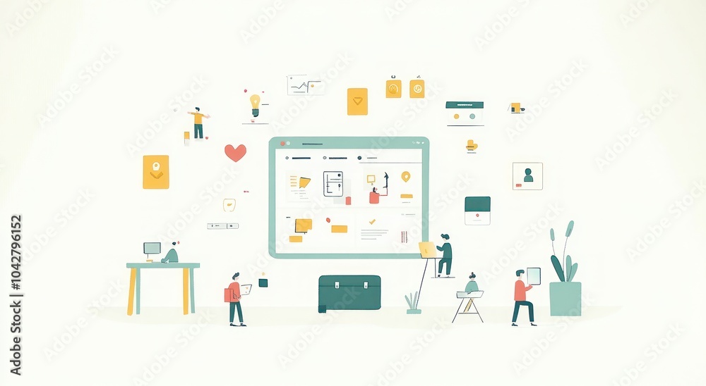 A digital workspace illustration showcasing online interactions and productivity tools.
