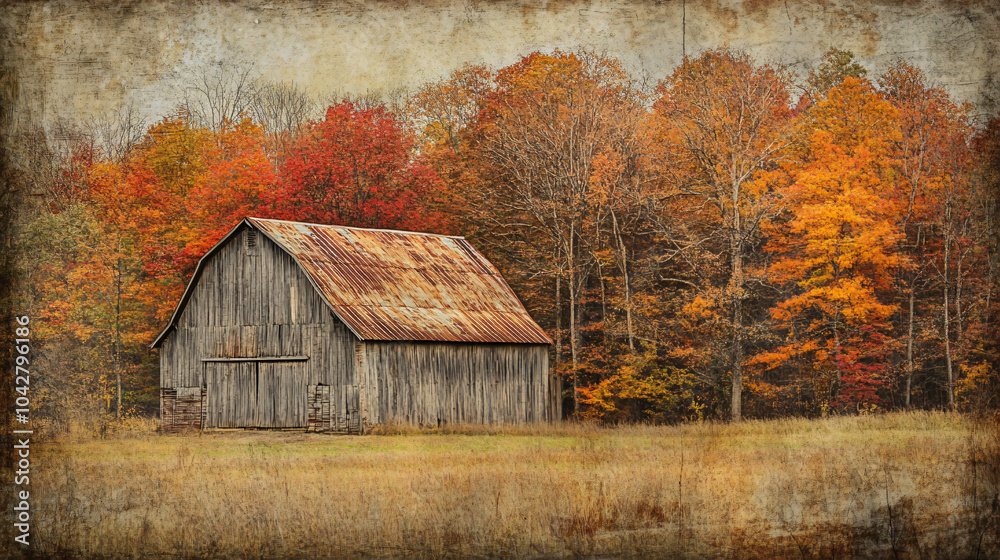 A charming image of a weathered barn in a field, with a backdrop of stunning autumn trees. A charming image of a weathered barn in a field, with a backdrop of stunning autumn trees.