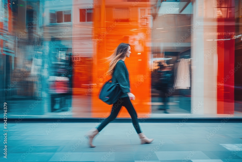 Obraz premium Stylish woman in motion past colorful storefront.