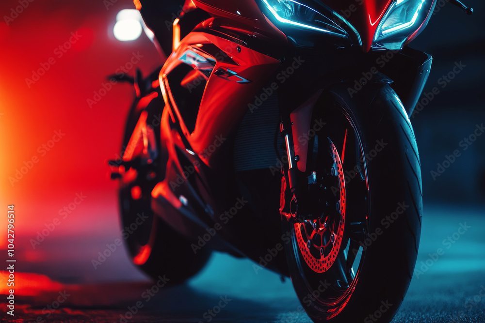 Cropped image of sport motorcycle on dark background. Minimalistic shot of modern sport bike