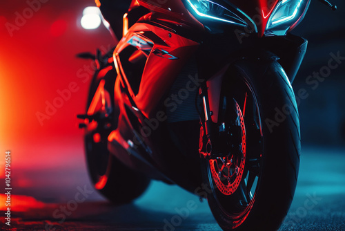 Obraz na płótnie Cropped image of sport motorcycle on dark background. Minimalistic shot of modern sport bike w salonie