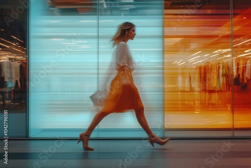 Obraz na płótnie Woman walking past colorful store display at night w salonie