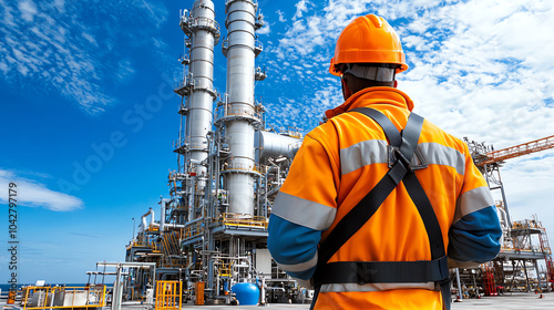 Worker conducting visual inspection of turbines at industrial facility under clear blue sky with tall structures in background photo