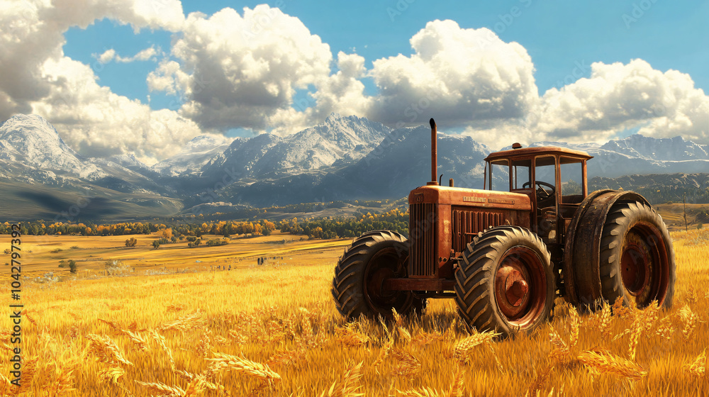 Obraz premium A charming image of a vintage tractor parked in a golden field, surrounded by the beauty of harvest time.
