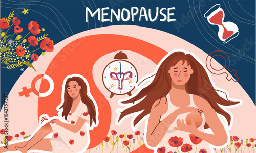 A collage about women's health. World menopause day. Gynecology.  Symbol of menstruation. , Chest pain, joint pain, a symptom of menopause. Women with clock with uterus.Hand drawn vector illustration.