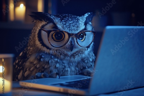 Owl with Glasses Working on Laptop at Night