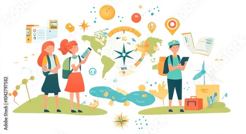 A colorful illustration of travelers exploring a world map with nature and technology elements.