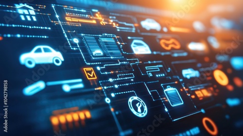 A digital interface displaying various vehicle-related icons and data connections.