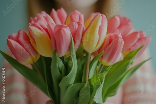 Colorful Tulips in a Woman's Hands