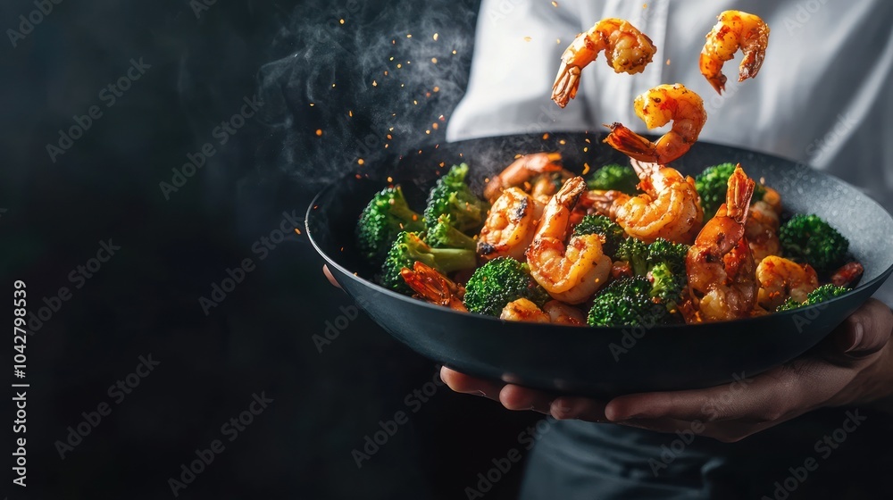 A chef presenting a vibrant shrimp and broccoli dish in a dark setting. A chef presenting a vibrant shrimp and broccoli dish in a dark setting.