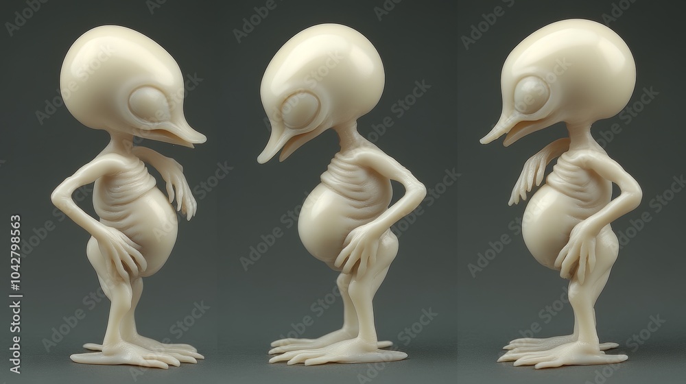 Obraz premium Three Fantasy Creature Figurines Whimsical Bird Like Alien Sculptures Imaginary Beings
