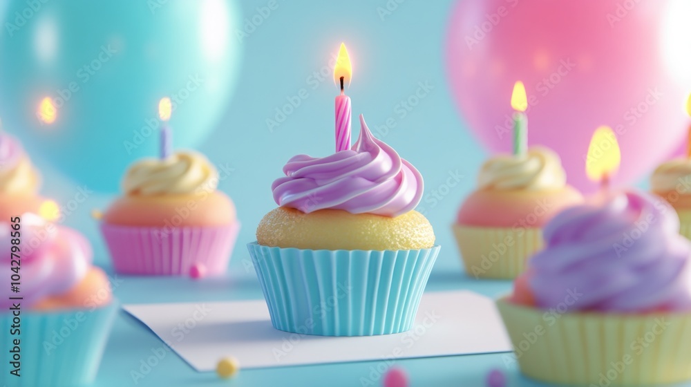A festive display of colorful cupcakes with candles, perfect for celebrations. A festive display of colorful cupcakes with candles, perfect for celebrations.