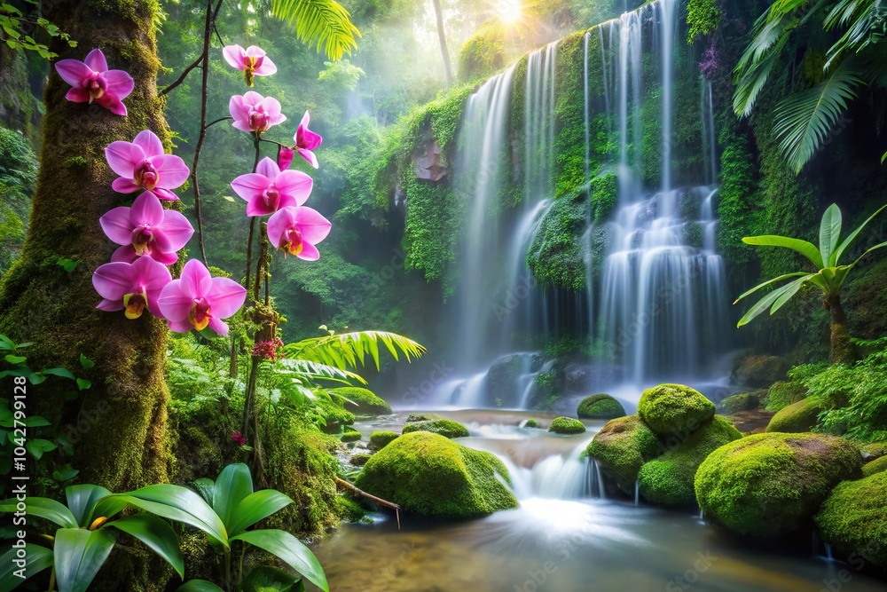 Enchanting rainforest waterfall surrounded by blooming orchids Enchanting rainforest waterfall surrounded by blooming orchids