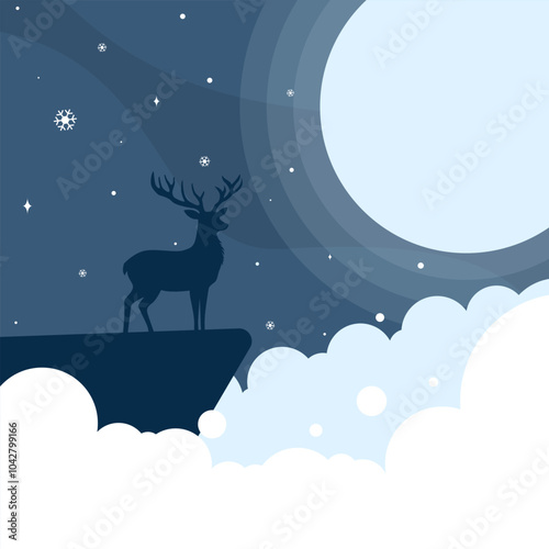 Deer silhouette on a big full moon in the night for Christmas and Happy New Year festival card