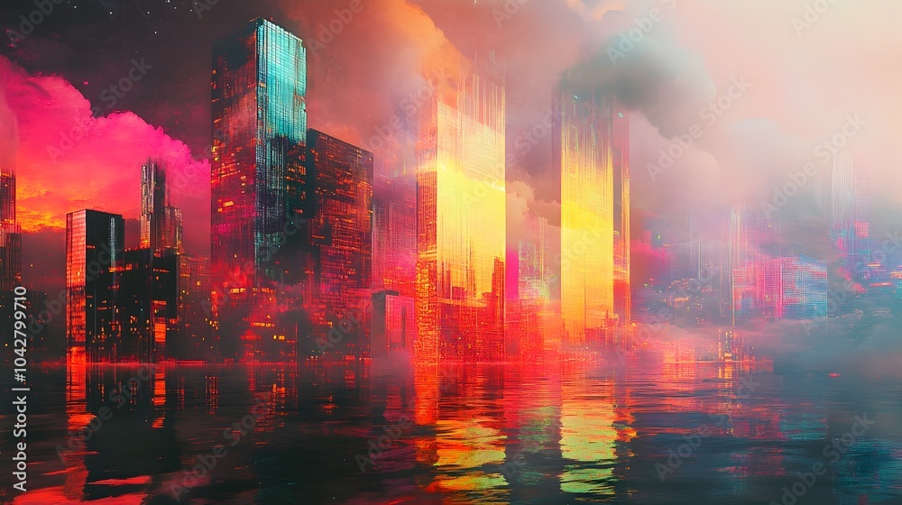 Fototapeta premium Vibrant Cityscape A Battlefield of Personified Concepts